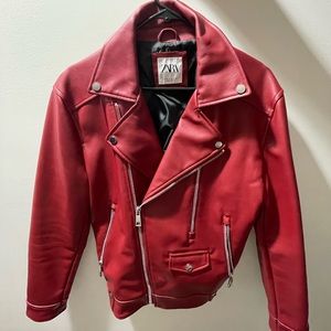 Zara Red Leather Biker Jacket Men